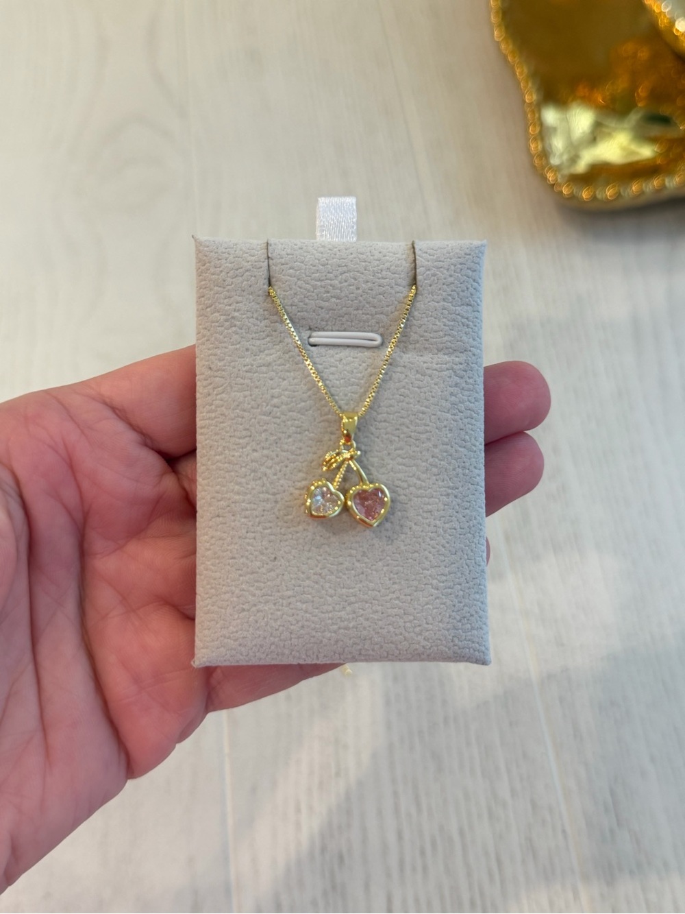 Gold Cherry Heart Pendant Necklace with Pink & Clear Stones